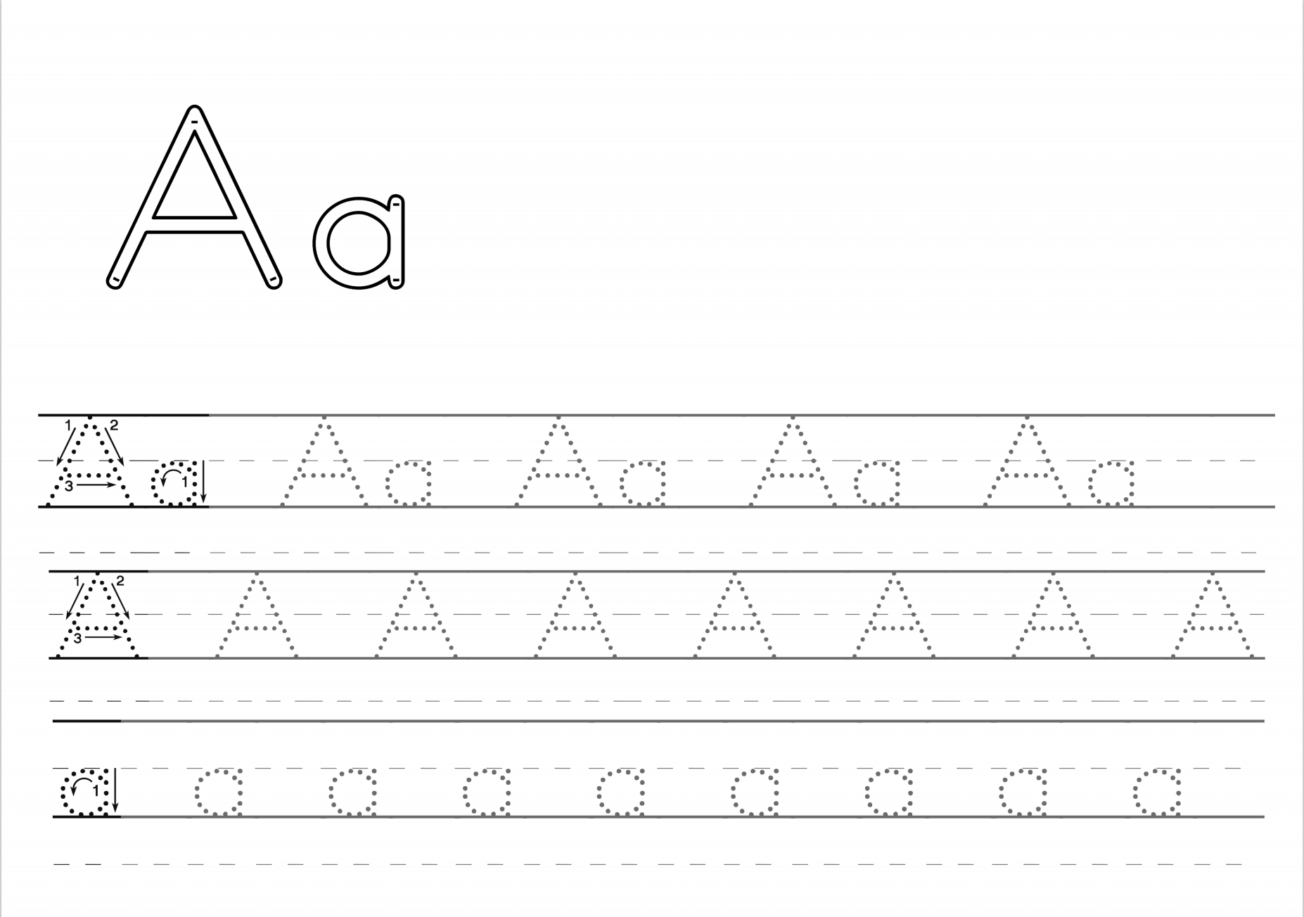 Traceable alphabet block letters, letter A. Free printable worksheets for kindergarten and elementary school kids.