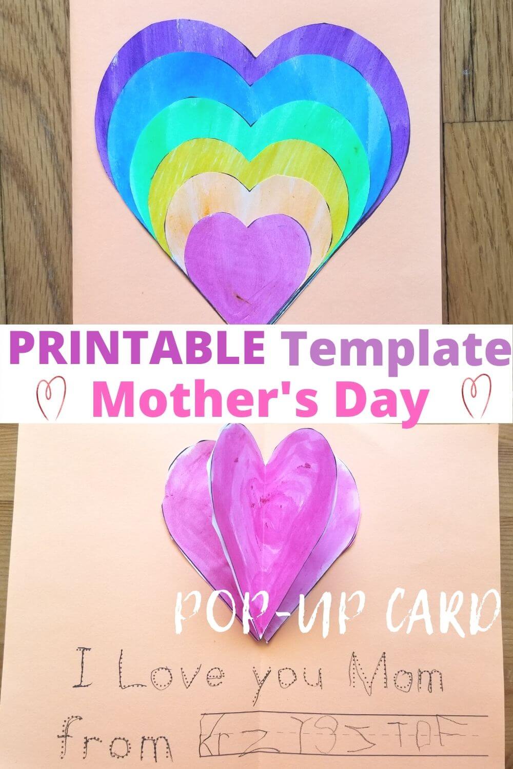 Mothers day pop-up card templates printable for kids. Download hearts for front, hearts, or tulip for inside and wishes.