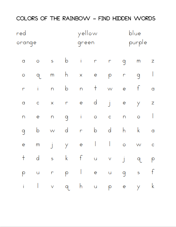 Find hidden words - colors of the rainbow simple worksheet for kindergarten