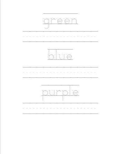 FREE Rainbow Worksheets for Kindergarten and Grade 1, the traceable colors green, blue, purple.
