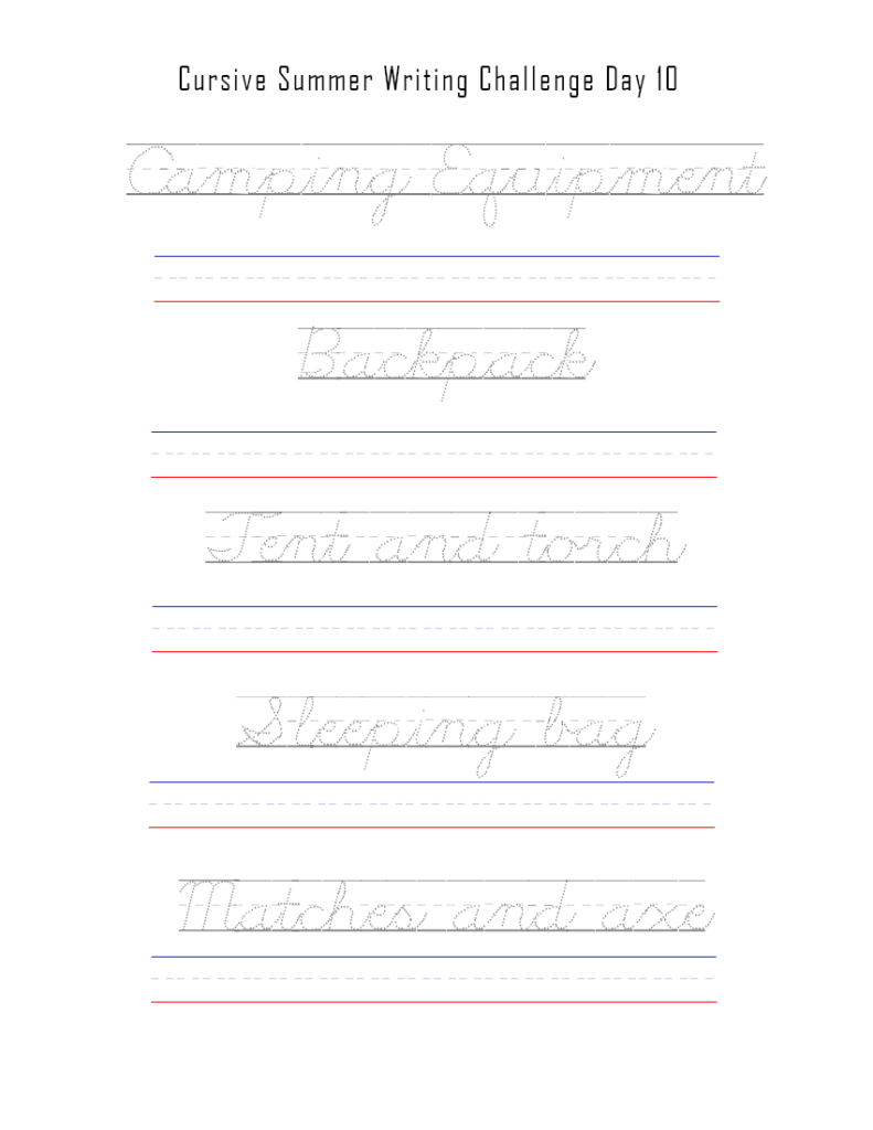 Summer cursive tracing words camping equipment vocabulary