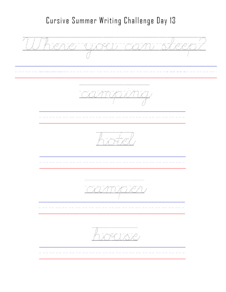 Cursive tracing for grade 2 words house, camper, camping, hotel