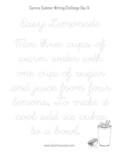 Lemonade recipe cursive tracing for kids
