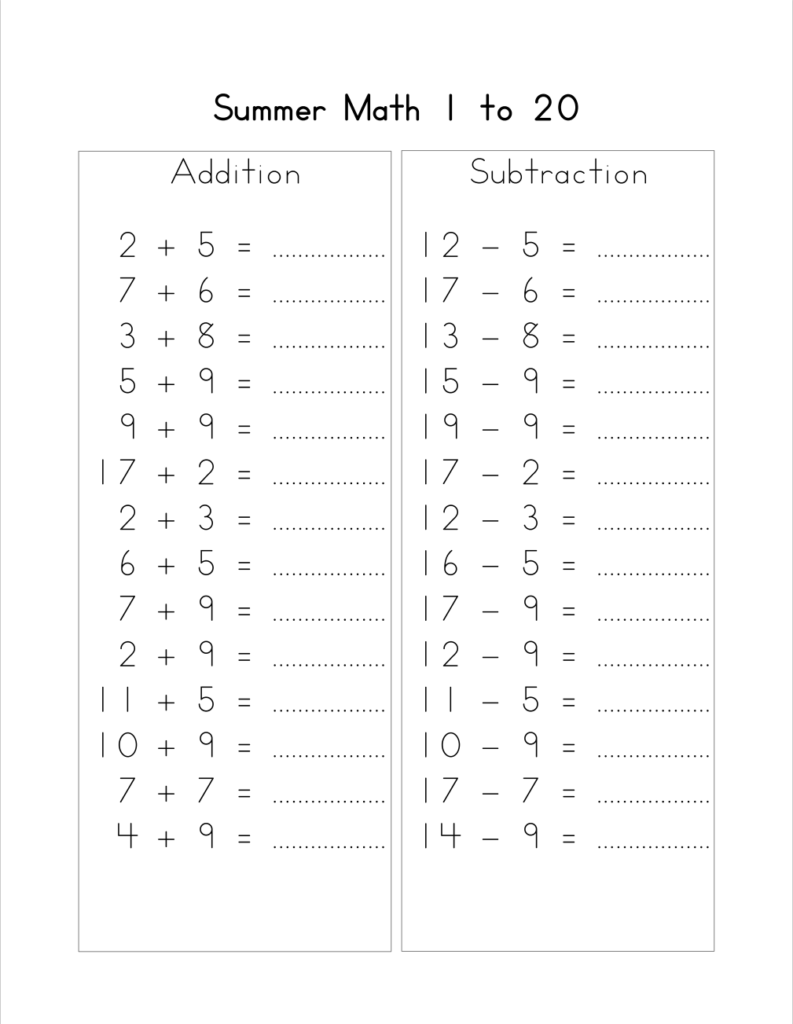 Math Worksheets for 1st Grade Addition Subtraction numbers 1 to 20. Printable pdf file