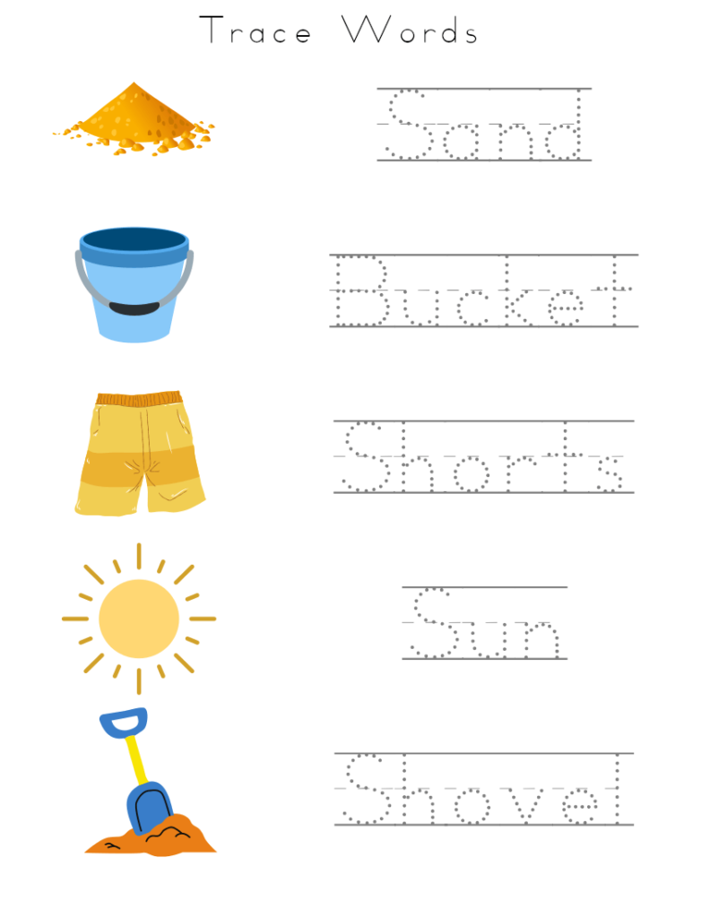Summer tracing words sand, bucket, shorts, sun, shovel for kindergarten and preschool