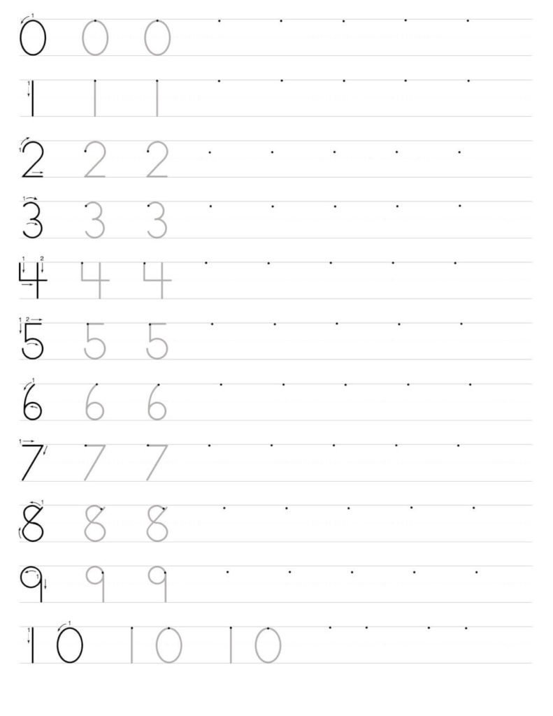Number tracing worksheet with a black dot. Numbers 0 to 10.