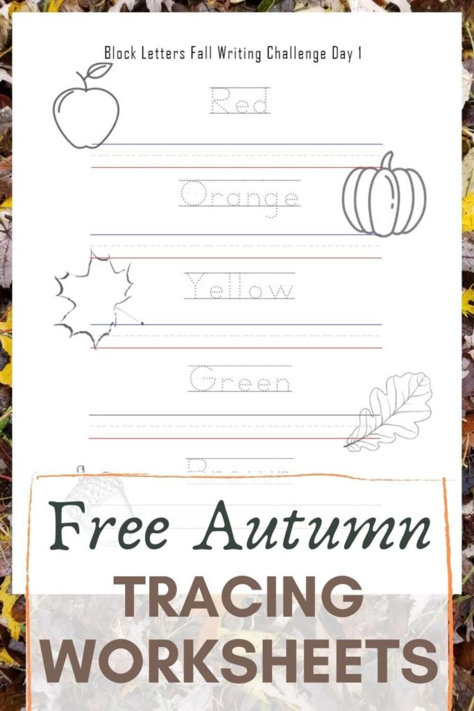 Free block letter inspired by autumn tracing worksheet words red, orange, yellow, green, and brown. 