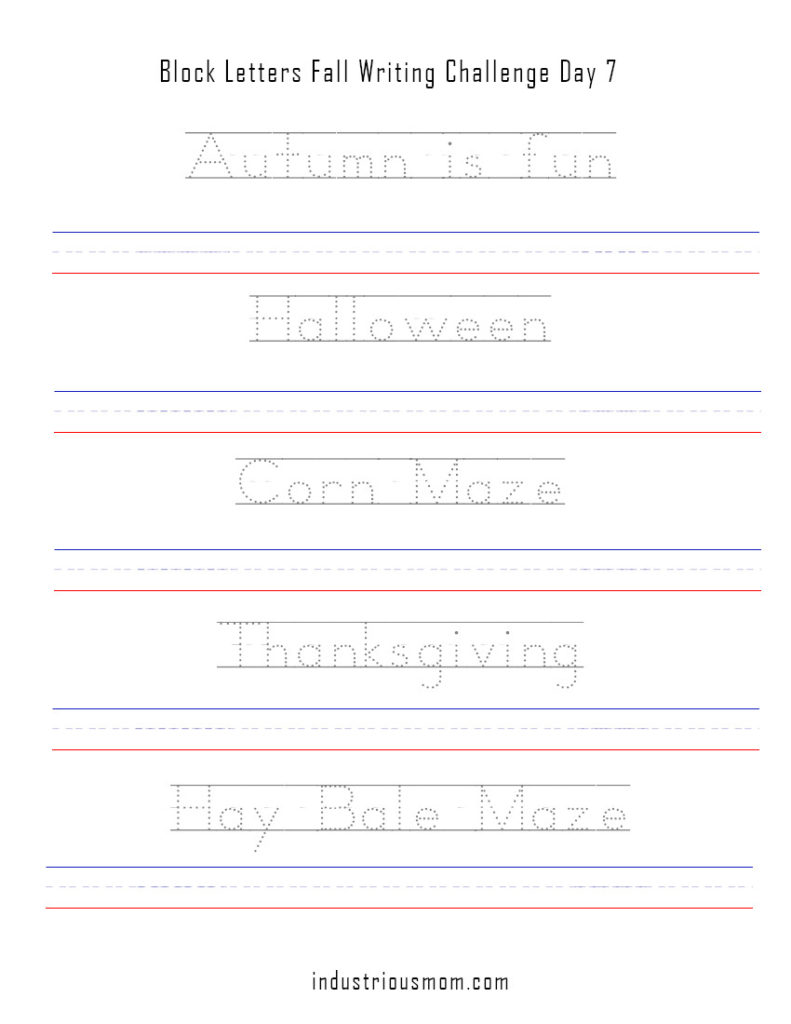 Tracing words Autumn is fun. Halloween, corn maze, Thanksgiving, Hay Bale Maze. Free printable PDF worksheet.