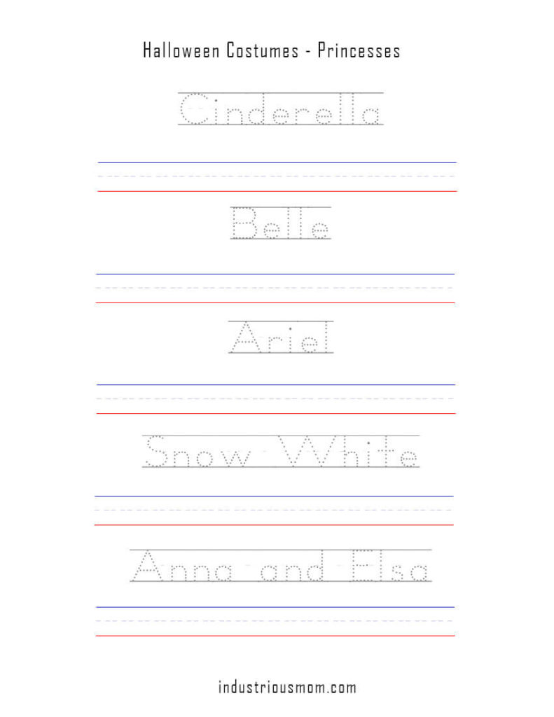 Tracing words Cinderella, Belle, Ariel, Snow White and Anna and Elsa for kids n kindergarten and elementary school.