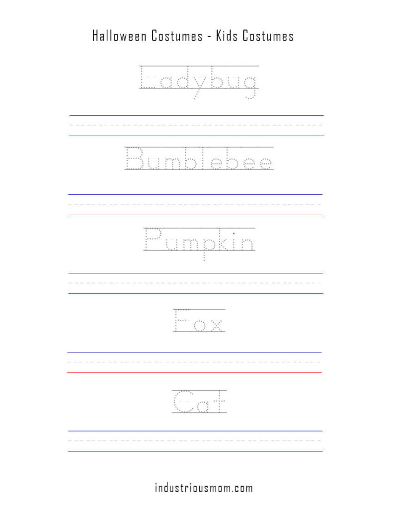 Helloween Tracing Pages with words Ladybug, Bumblebee, Pumpkin, Fox, Cat