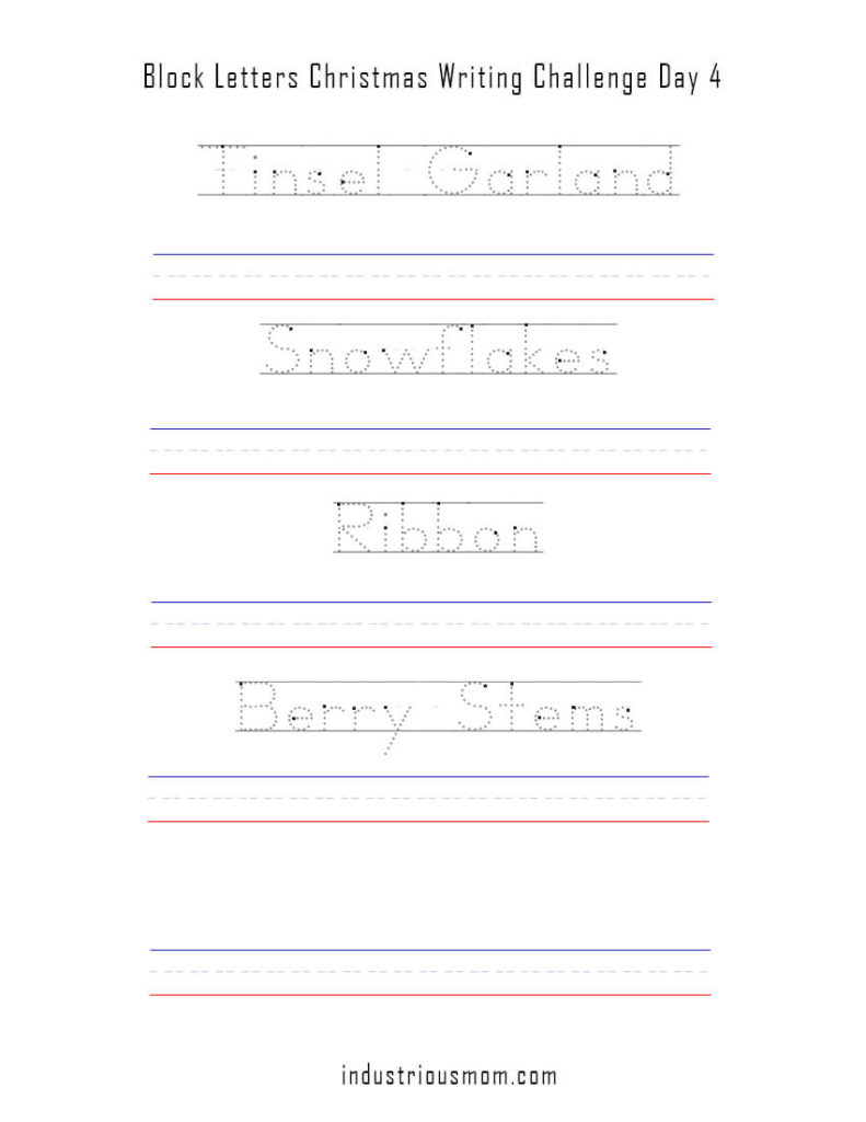 traceable words Tinsel garland, snowflakes, ribbon, berry stems. Block letter tracing worksheet for kids.