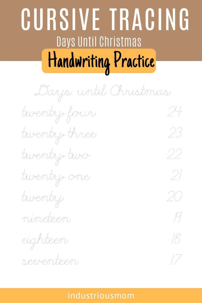 Download free Cursive number tracing advent calendar with traceable numbers from one to twenty-four. This free pdf file is a part of the Christmas Cursive Tracing Challenge I created on my blog. Visit the website to download this and other worksheets with cursive tracing from this challenge. I create printable worksheets. If you want to be informed about new worksheets, follow me. Save this pin to return to it later. Click to download the pdf file.