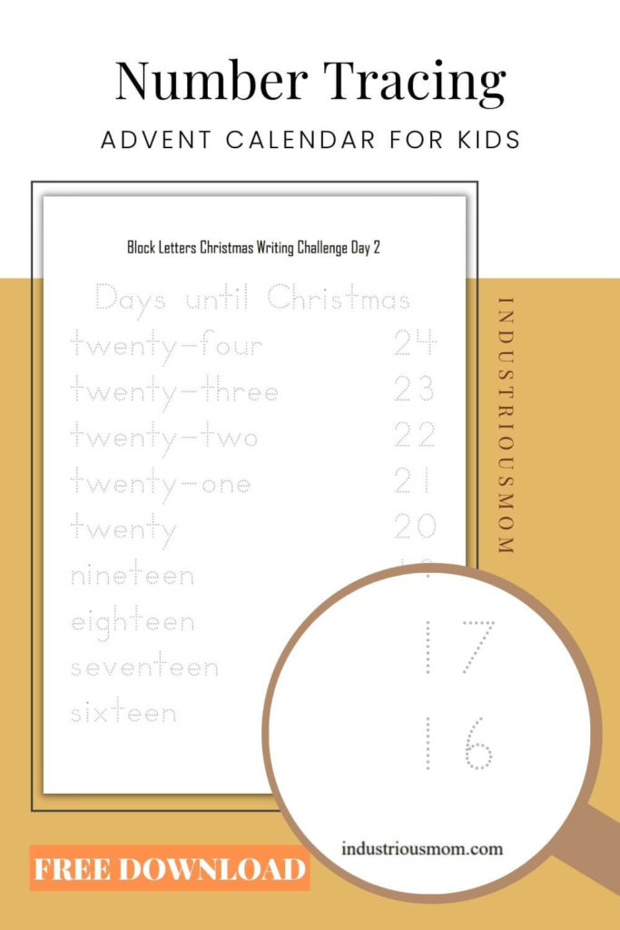 A printable advent calendar for kids with traceable numbers. Block letter font. Traceable Numbers and words. 