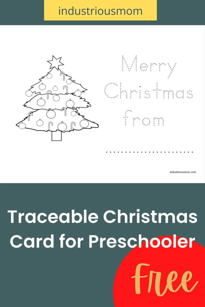 Free traceable Christmas card for preschoolers and kindergarteners with a Christmas tree to color. Traceable "Merry Christmas from".