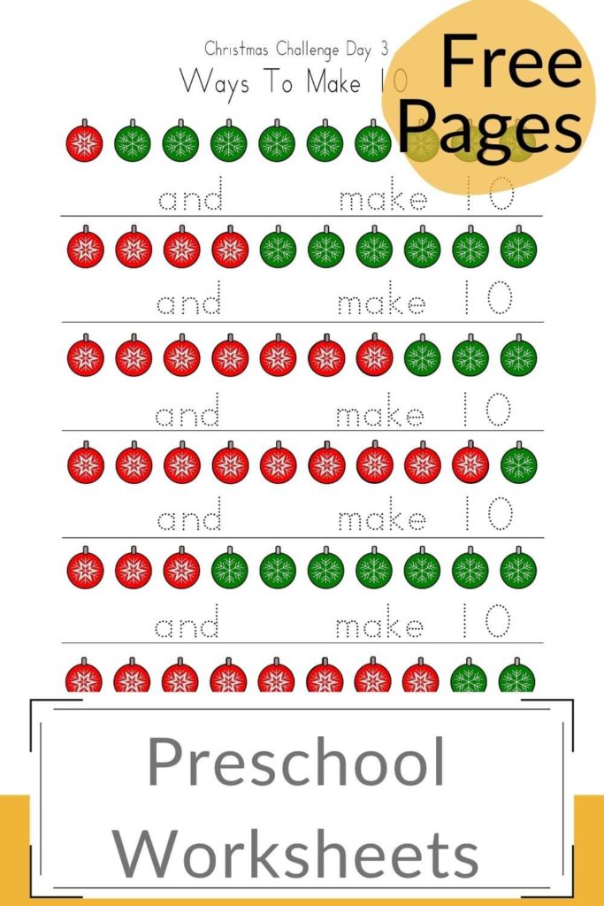 Free printable worksheet with ways to make 10 for kids in preschool and kindergarten. This worksheet is with Christmas ornaments to count.