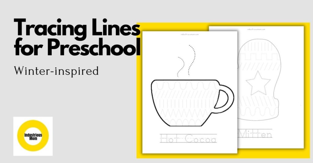 A drawing of the cup with hot cocoa. There are on the cup simple lines to trace for kids for handwriting practice. You can download this and three more worksheets for line tracing for free from this blog post.