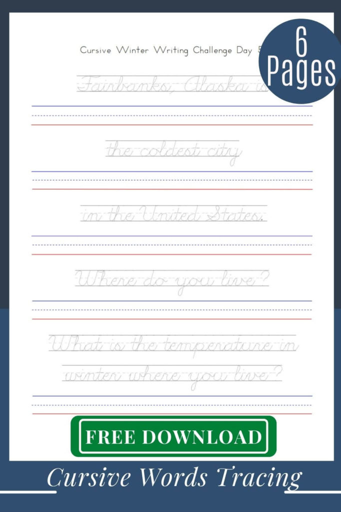 Download free six printable pages with cursive handwriting practice for 2nd  and 3rd-grade kids. Cursive tracing words and sentences. 