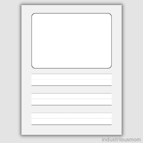 Lined writing paper. There are three one-inch wide lines for writing on the page and a big white box for drawing. The gray background of the page and the white background of the lines. Black wide line on the bottom of each line.