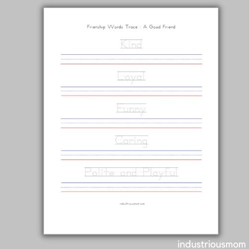 A good friend friendship week tracing worksheet for kids in kindergarten and 1st grade. Traceable words Kind, Loyal, funny, caring, polite, and playful. 