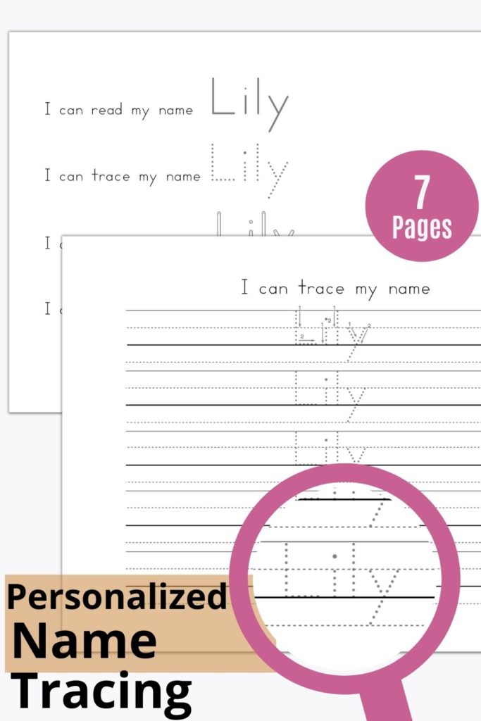 Free name tracing worksheets, the file includes 7 pages with 
- tracing name worksheet,
- I can color my name page,
- I can read, trace, color, and write my name sheet,
- I can trace and write my name. My name has _ letters page,
- I can trace my name from big to small letters,
- I can find letters in my name,
- Daily signup practice worksheet.