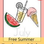 Traceable words Hello July and a picture of the ice cream, watermelon, and a glass of lemonade to color. This printable page creates a printable summer poster for kindergarten and 1st-grade kids. These free summer worksheets are made for kids in Kindergarten and 1st-grade. There are seven printable pages in this set.