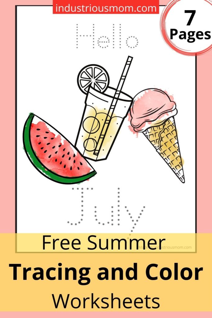 Traceable words Hello July and a picture of the ice cream, watermelon, and a glass of lemonade to color. This printable page creates a printable summer poster for kindergarten and 1st-grade kids. These free summer worksheets are made for kids in Kindergarten and 1st-grade. There are seven printable pages in this set. 