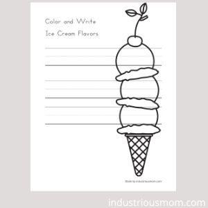 Printable worksheet with a signature color and write ice cream flavors, big ice cream with three scoops on it, and three empty lines to write favorite ice cream flavors. A printable worksheet is made for kids in kindergarten age.