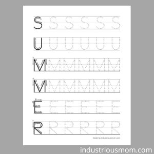 Free Printable summer worksheet for kindergarten with six lines and traceable capital letters S U M M E R. 