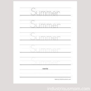 Free Printable summer worksheet for kindergarten with six lines and traceable word summer in each line. Each line can be traced with a different color to create a summer poster.