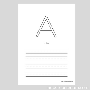 beginning letter writing sound A, outlined letter A and four lines to write words starting with letter A