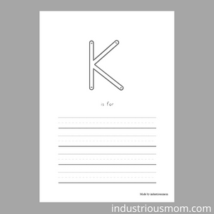 beginning letter writing sound k, outlined letter k and four lines to write words starting with letter k