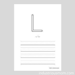 beginning letter writing sound L, outlined letter L and four lines to write words starting with letter L