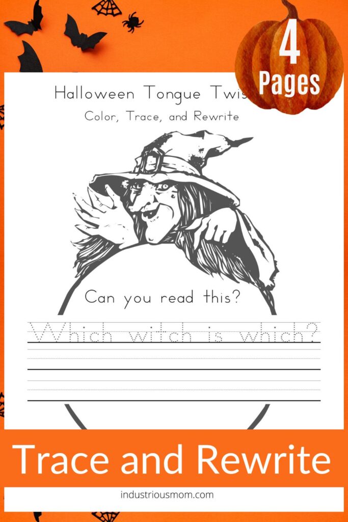 Trace and rewrite Halloween-inspired. tongue twister "Which with is which?"