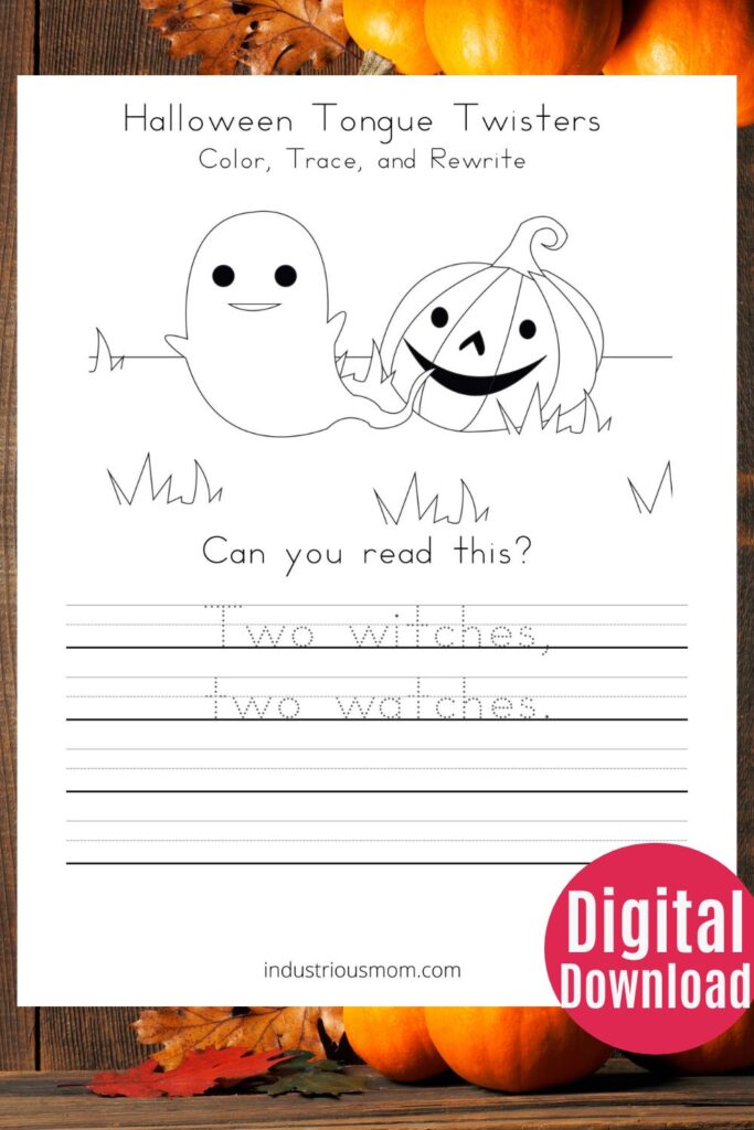 Traceable sentence Two witches two watches. Free printable worksheets for 1st-grade.