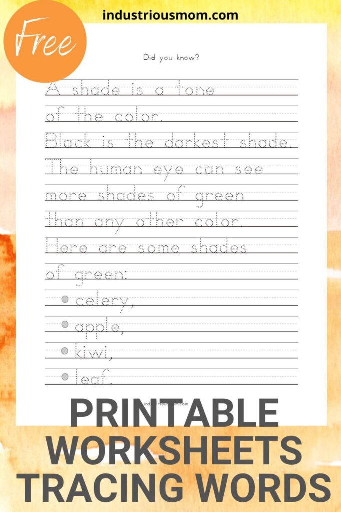 Free tracing sentences worksheets for 1st and 2nd-grade kids. Trace and learn about color shades. I create printable worksheets mostly for handwriting practice for kids. Click to download this and other free printable pages. Save this pin to return to it later. Follow me to see more of my work.