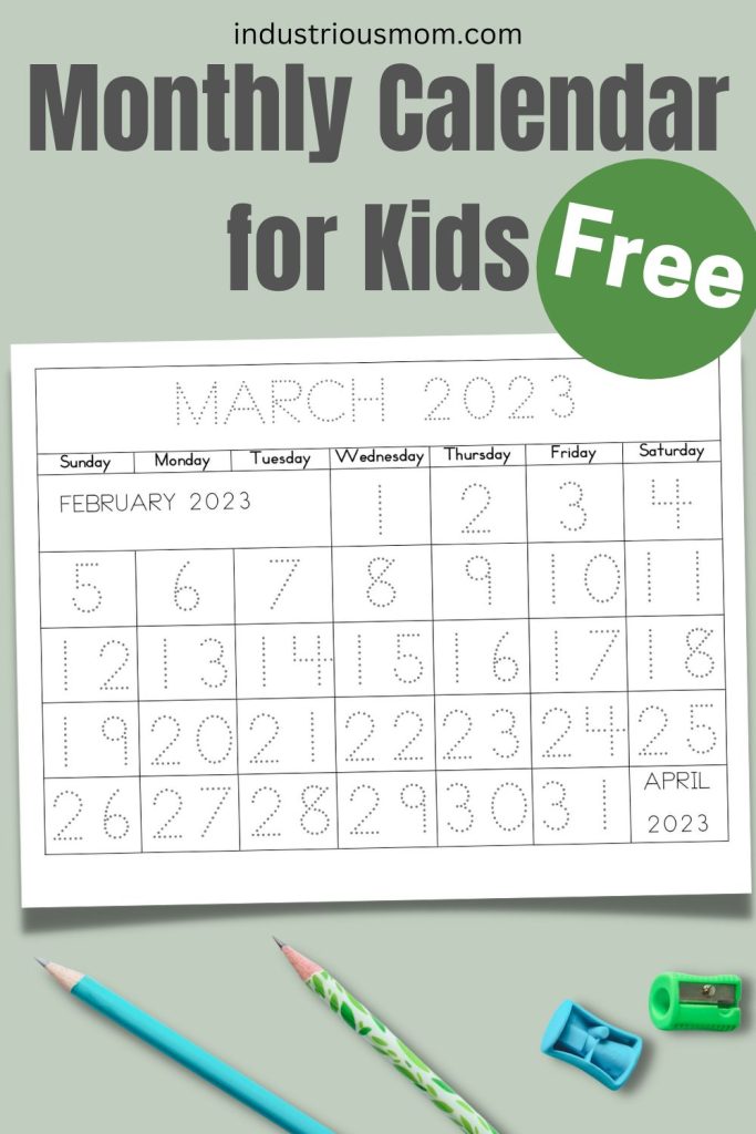 Free monthly calendar for preschoolers with traceable numbers