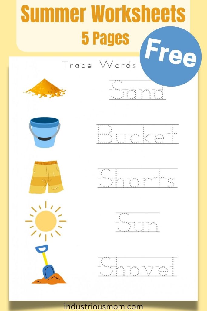 Summer-inspired worksheets with traceable words sand, bucket, shorts, sun, shovel