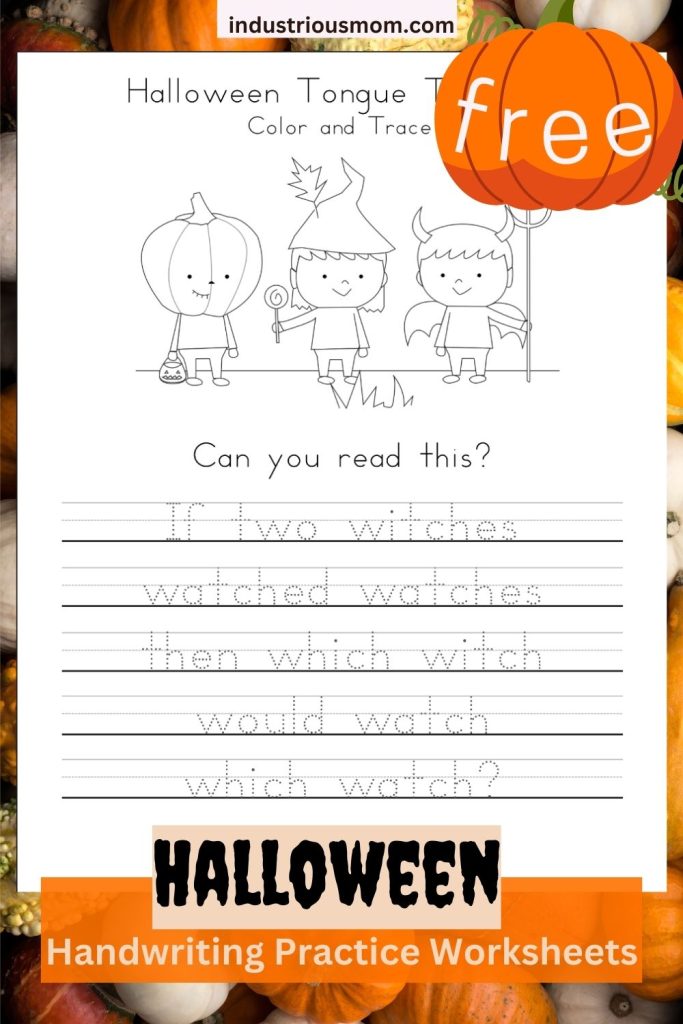 Halloween-inspired traceable tongue twister worksheet for kids for handwriting practice