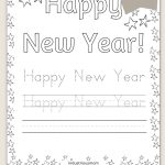 Outlined and traceable words Happy New Year free printable worksheet