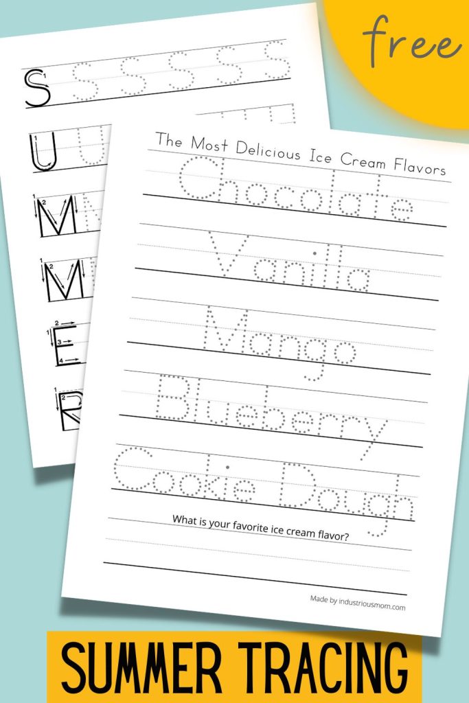Summer Handwriting Worksheets with traceable ice cream flavors and word SUMMER