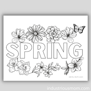 coloring page with outlined word SPRING and flowers