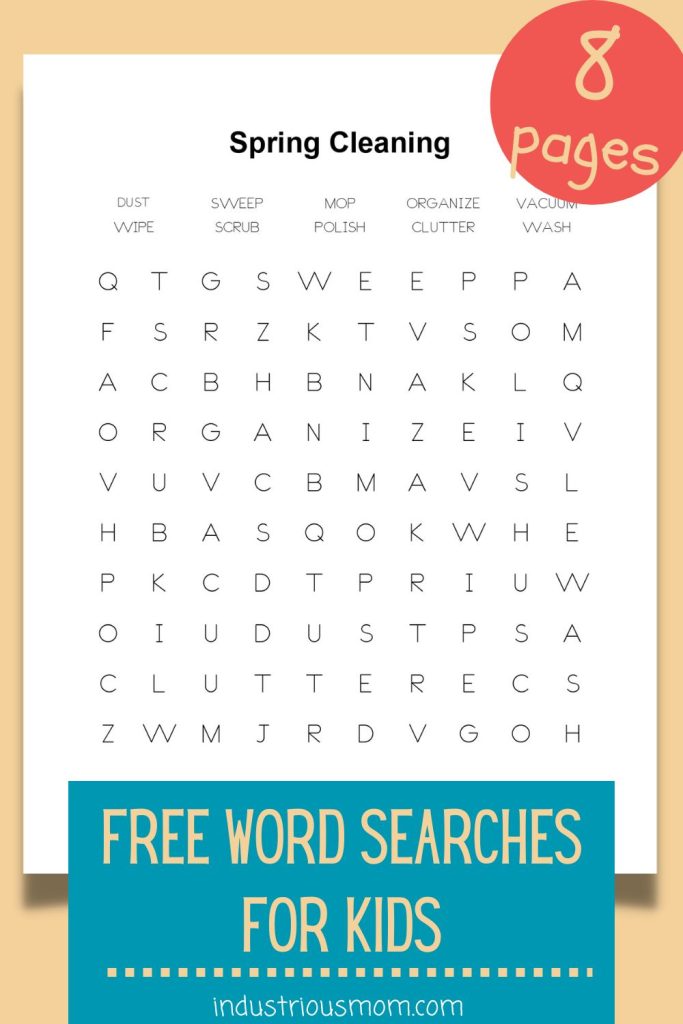 Free spring word search for kids, spring cleaning words