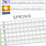 Two printable pages, on first traceable letters from word SPRING on the second traceable sentences about first signs of spring