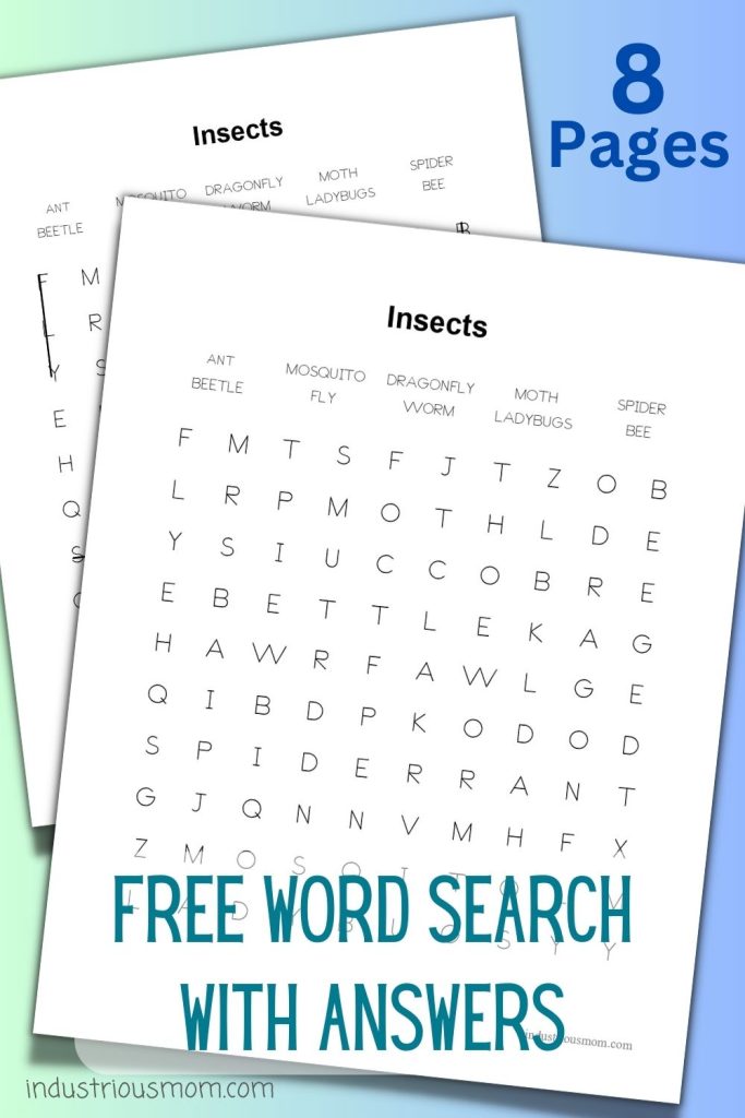 Free word search with answers for kids, eight pages, Insects