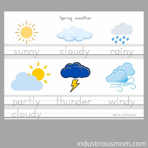 spring weather worksheet with pictores and traceable words