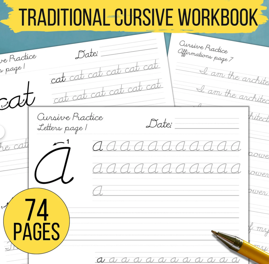 Printable workbook with traditional cursive