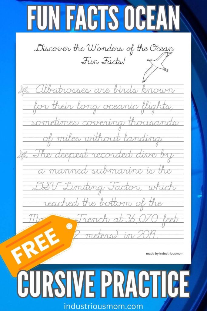 Free Cursive Worksheets for teens and adults with fun facts about ocean.