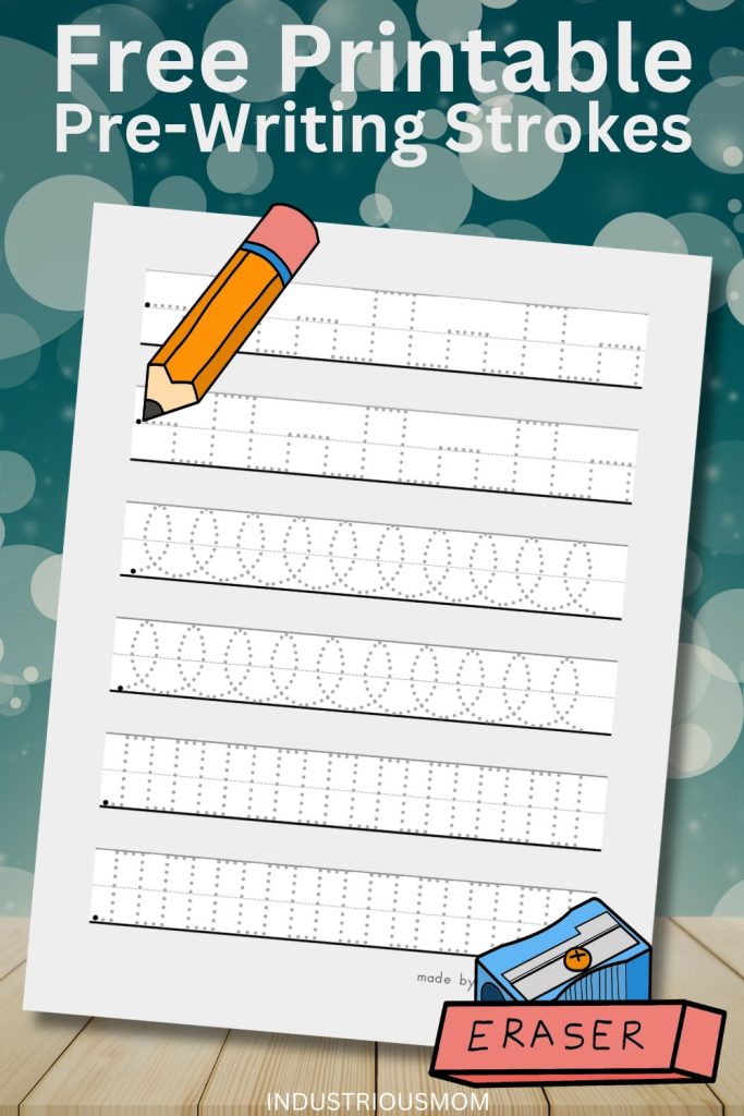Free printable pre-writing strokes worksheet with 6 lines filled with strokes to trace for kids.