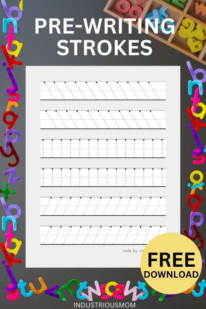 Free Pre-writing strokes worksheets for kids featuring 6 lines on each page, each line filled with traceable basic strokes for handwriting practice. 