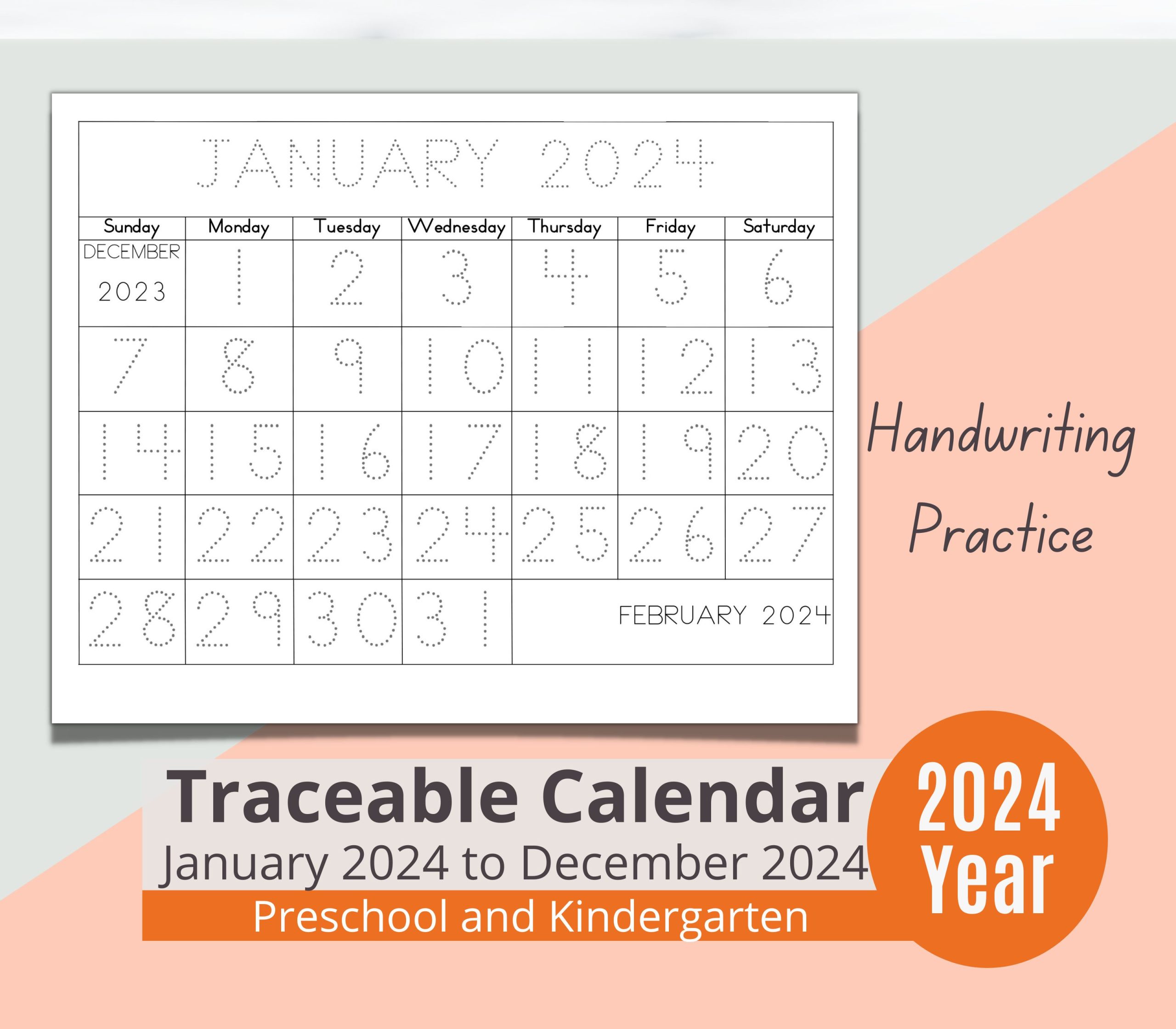 Free kids calendar with traceable numbers for January 2024.